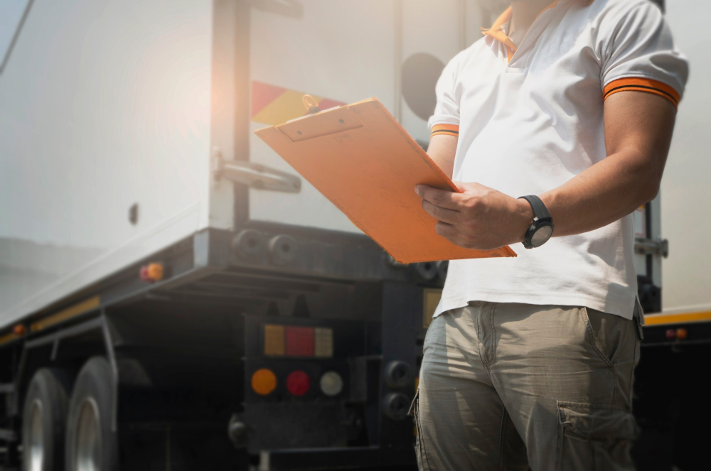 truck driver writing paper clipboard standing with trailer truck maintenance vehicle safety inspection