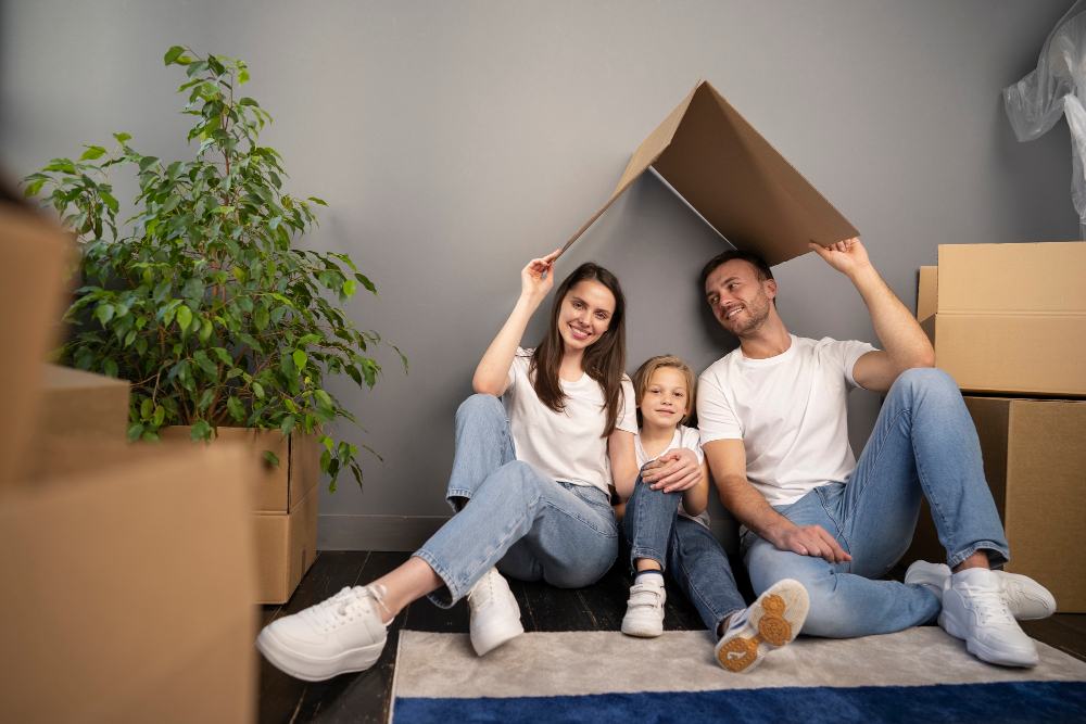 jeune famille emmenageant dans nouvelle maison