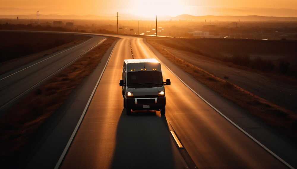 soleil se couche long voyage industrie du camionnage genere par ia