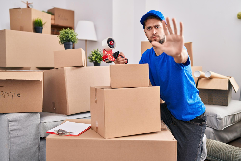 hispanic man with beard working moving boxes with open hand doing stop sign with serious confident expression defense gesture