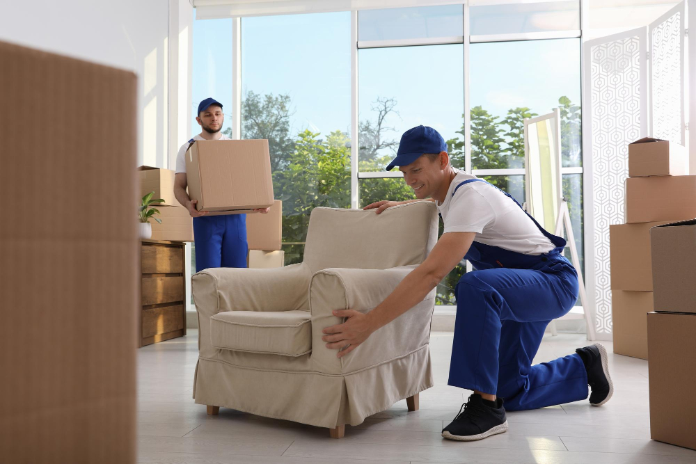 moving service employees with armchair cardboard boxes room
